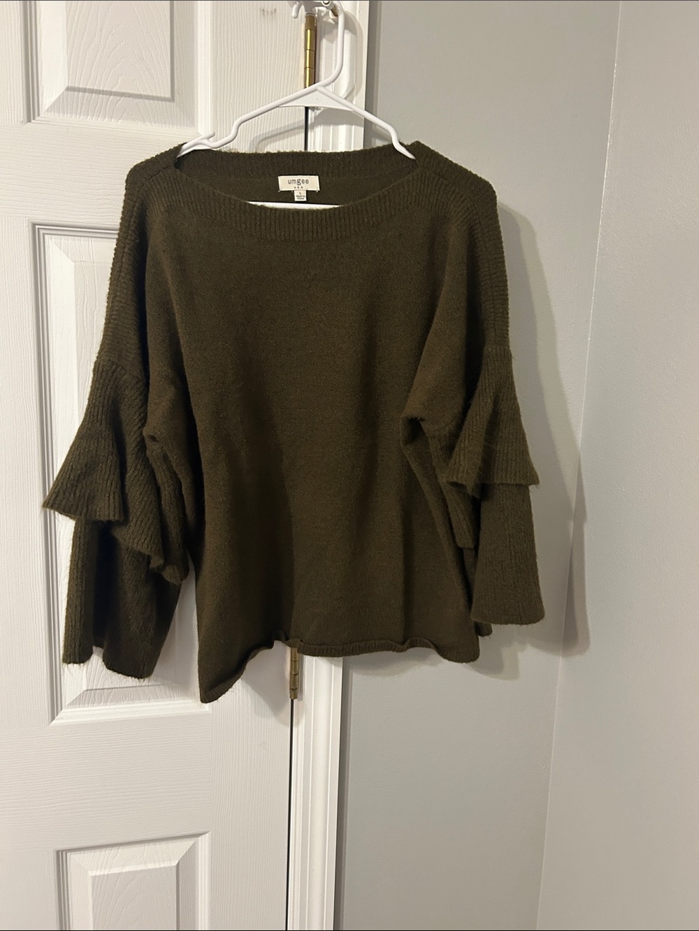 Umgee Olive Ruffle-Sleeve Crewneck Sweater